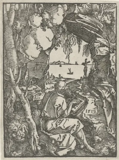 De Heilige Hiëronymus schrijvend in een grot