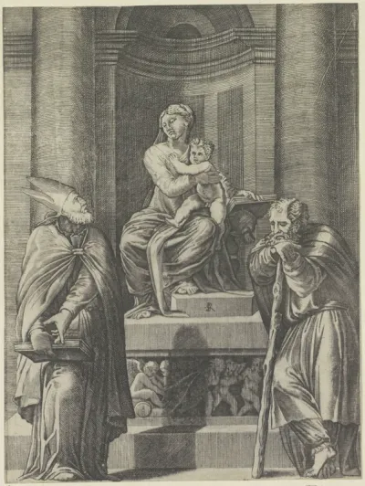 De heilige Jozef en een bisschop bij een altaar met Maria met Kind