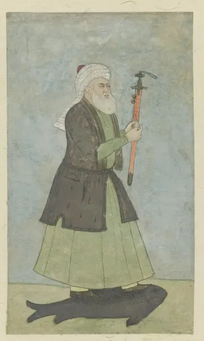 De Heilige Khwaja Khadir met een zwaard in zijn hand. staande op een vis