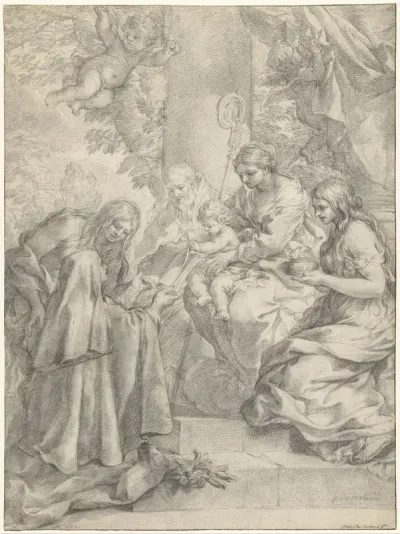 De heilige Margaretha van Cortona biedt knielend het Christuskind een boek aan