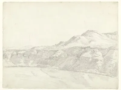 De hoge oever van een meer in de Italiaanse Campagna, met een forteres-achtig gebouw