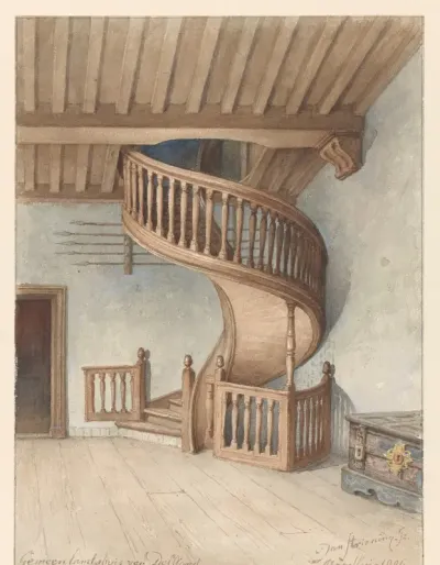 De houten wenteltrap in het Gemeenlandshuis van Delfland, te Maassluis
