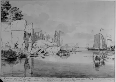 De ingestorte Lappentoren : "Ruinen van de Lappen-Toorn te Nimwegen, door den hoogen vloed 1784 ondermijnt en omgevallen. 's Somers bij laag water geteekent", tekening, pen en penseel in bruin door Hendrik Hoogers (1747-1814)
