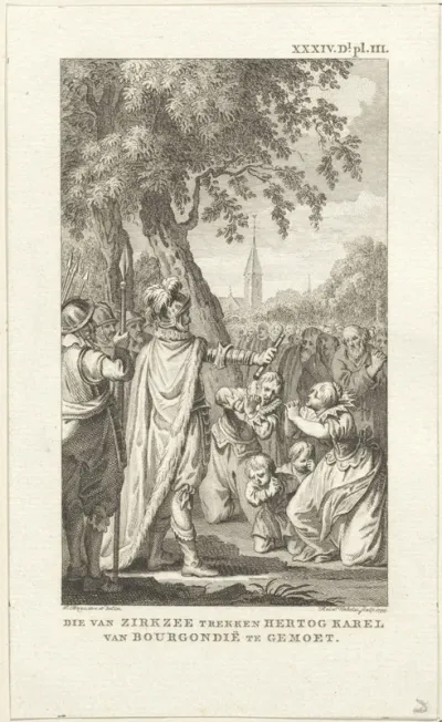 De inwoners van Zierikzee trekken Karel de Stoute tegemoet en smeken om genade, 1472