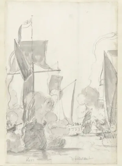 De jachten Kitchen (kroo) en Cleveland (klevelant) tijdens de tocht van de Engelse koning Karel II over de Thames naar Sheerness en Chatham op 27 Augustus 1681