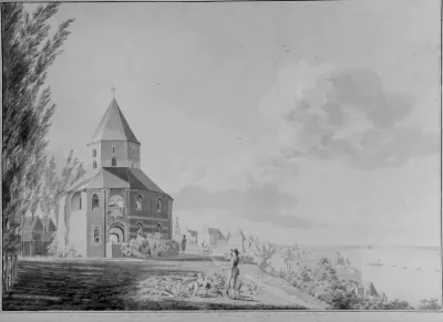 De Karolingische Kapel op het Valkhof : "De Heidensche complete Capel ten oosten, met een gezigt in de Vleeshouwerstraat te Nijmegen", tekening, pen en penseel in grijs door Hendrik Hoogers (1747-1814)