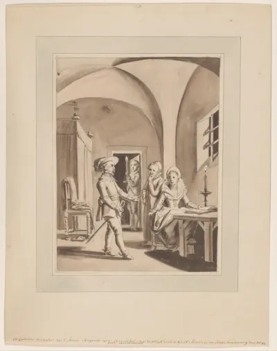 De kastelein Deventer met Maria van Reigersberch disputerend over de ontsnapping van Hugo de Groot; alsmede met Elsje van Houweningen, De Groots dienstmeid