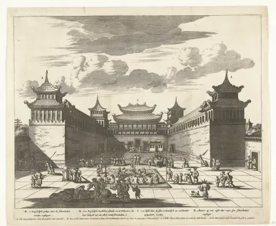 De keizer van China neemt voor het paleis de geschenken van de Hollanders in ontvangst, 1667
