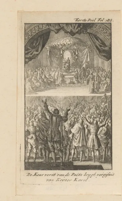 De Keurvorst van de Paltz krygt vergifnis van Keyser Karel