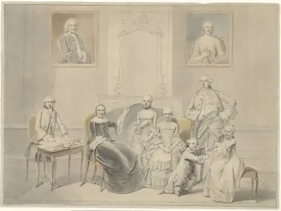 De kinderen van Pieter Cornelis Hasselaer en Clara Wendela Sautijn, wier portretten aan de wand hangen, met hun grootmoeder Wendela Eleonora Reael
