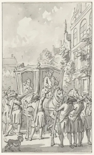 De koets van prins Willem III aangehouden door burgers bij Aardrecht (Dordrecht?), 29 juni 1672