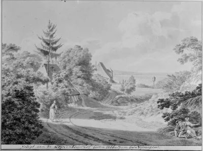 De Kopsehof : "Gesigt aan de Kopsenbouwhof boven Ubbergen bij Nijmegen", tekening , penseel in grijs door Hendrik Hoogers (1747-1814)