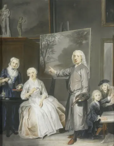 De landschapschilder Dirk Dalens III (1688-1753) met zijn tweede echtgenote Maria Schaack (gest. 1766) en de kinderen Anna (geb 1725), Willem (1737-60) en Jacobus (1741-63)