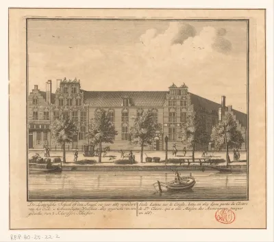 De Latynsche School op den Singel, int jaar 1667 verandert van het Oude Aelmoeseniers-Weeshuis, 1613 opgericht van een gedeelte van 't Klarissen Klooster / Ecole Latine sur le Cingle, batie en 1613 d'une partie du Cloitre de Ste. Claire, que a etée M
