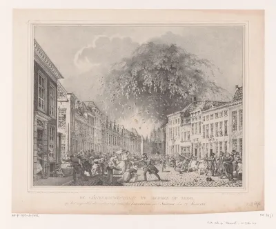 De Lievevrouwestraat te Bergen op Zoom, op het oogenblik der uitbarsting van het Laboratorium gen.d Stoelemat den 29 Maart 1831