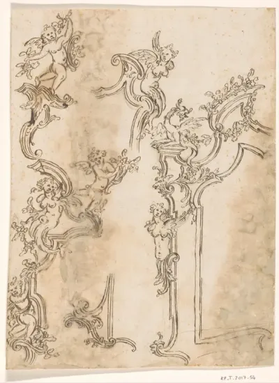 De linkerhelft van een spiegellijst met een gevleugelde vrouwenfiguur en een draak, met links daarvan details van spiegellijsten met gevleugelde figuren