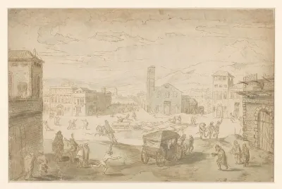 De maand Februari: vastenavondscène op een Italiaans plein
