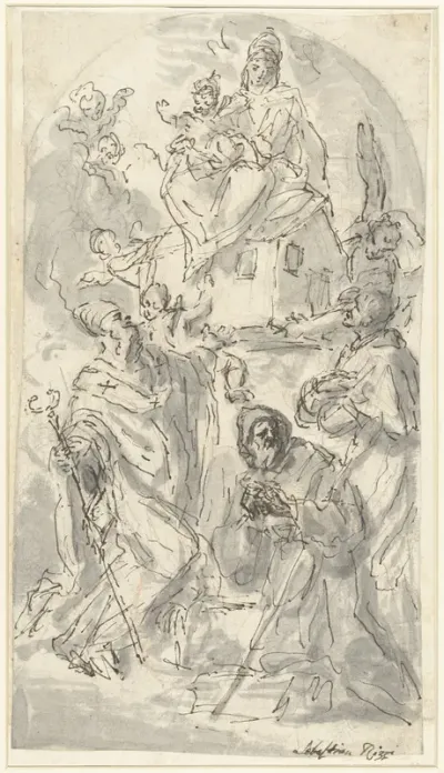 De Madonna van de Santa Casa van Loreto, aanbeden door drie heiligen