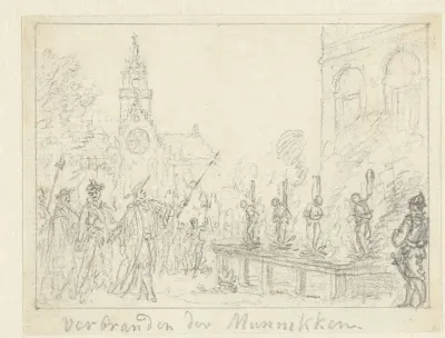 De marteldood door verbranding van vier monniken op een dorpsplein