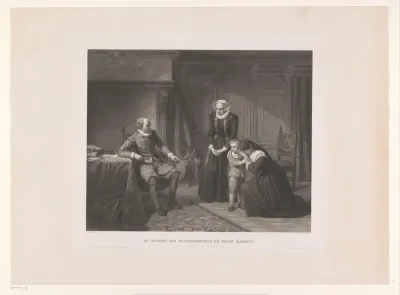 De moeder, vrouw en zoon van Reinier van Oldenbarnevelt smeken Maurits om genade, 1623