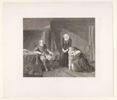 De moeder, vrouw en zoon van Reinier van Oldenbarnevelt smeken Maurits om genade, 1623