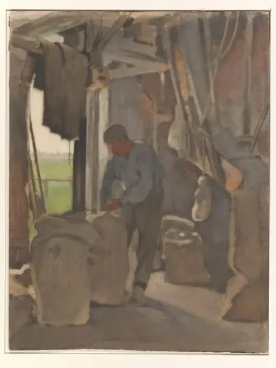 De molenaar, zakken vullend
