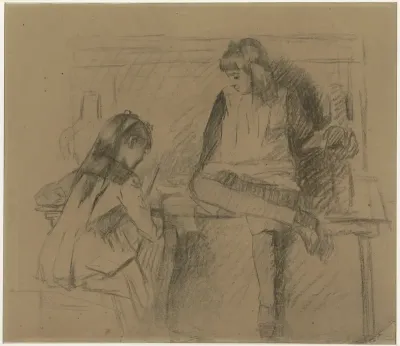 De nichtjes Letje en Lizzy Ansingh als schoolmeisjes aan het werk