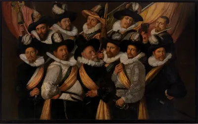 De officieren van de vier Goudse schuttersvendels onder leiding van kolonel Jan van Reijnegom.