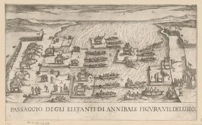De olifanten van Hannibal steken de rivier de Rhône over