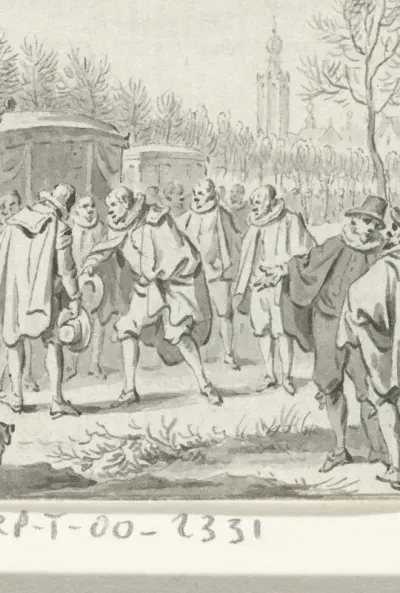 De ontvangst van vijf Spaanse ambassadeurs te Den Haag voor de onderhandelingen over het Bestand, februari 1609