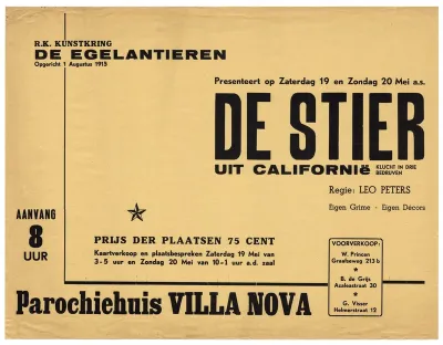 De opvoering van 'De stier uit Californië' door de R.K.Kunstkring De Egelantieren in het Parochiehuis Villa Nova op 19 en 20 mei. De R.K. Kunstkring werd opgericht op 1 augustus 1915.