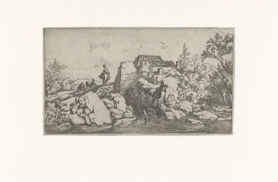 De persoon te paard op den steenen brug