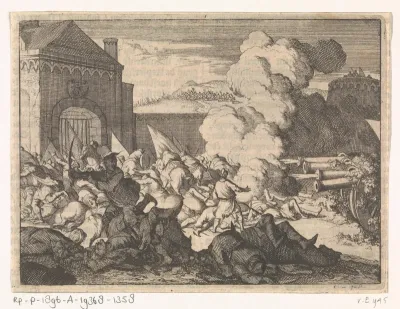De poort van Siseck in Kroatië waar binnenkomende Turken door kanonnen worden gedood, 1592