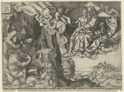 De rijke man in de hel ziet Abraham met Lazarus