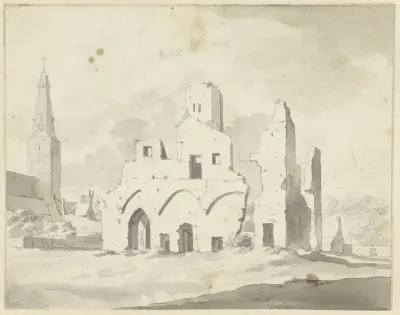 De ruïne van abdij van Rijnsburg met de kerk