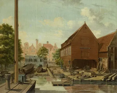 De scheepstimmerwerf 'D'Hollandsche Tuin' op het Bickers Eiland te Amsterdam.