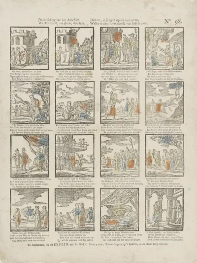 De schikking van het Albestier / Werkt overäl, nu ginds, dan hier. / Dies let, ô jeugd! op die bedryven, / Welke u daar 't voorbeeld van beschryven