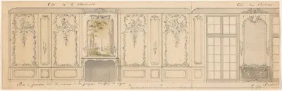 De schoorsteenwand en een deel van een vensterwand in een geschilderde kamer in rococo-stijl, met een consoletafel onder een vaste spiegel