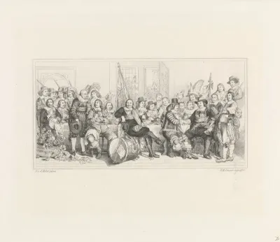 De schuttersmaaltijd in de Voetboog- of St. Jorisdoelen te Amsterdam ter viering van het sluiten van de vrede van Munster, 18 juni 1648