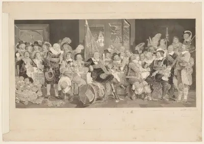 De schuttersmaaltijd in de Voetboog- of St. Jorisdoelen te Amsterdam ter viering van het sluiten van de vrede van Munster, 18 juni 1648