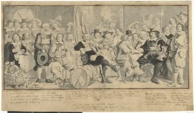 De schuttersmaaltijd in de Voetboog- of St. Jorisdoelen te Amsterdam ter viering van het sluiten van de vrede van Munster, 18 juni 1648