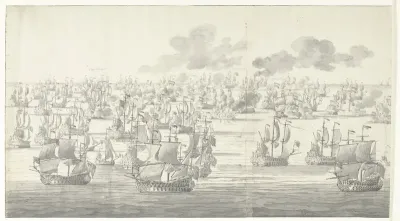 De Slag bij Solebay, 7 juni 1672, even na twee uur in de middag, gezien vanuit het noordwesten: linker deel