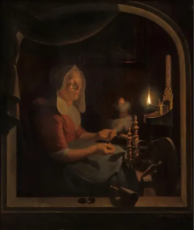 De spinster, bij een olielampje