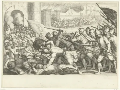 De troepen van Ferdinando I de' Medici bestormen een stadspoort