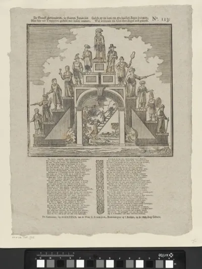 De twaalf aartsvaderen, de zonen Jacobs ziet / Men hier ten trappenrei gesteld met hunnen namen, / Gelyk zy tot hem om zyn laatsten zegen kwamen, / Wel wetende dat God dien zegen zelf gebiedt