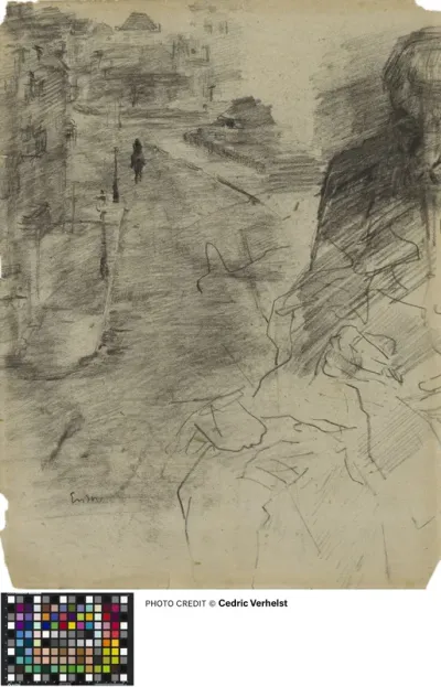 De Van Iseghemlaan in Oostende, schrijvende man (recto)
