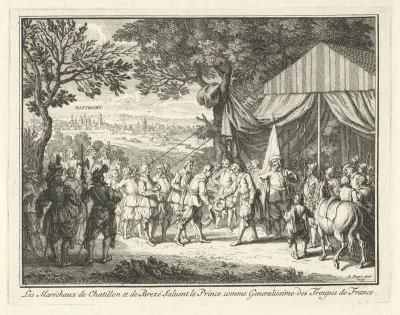 De veldmaarschalken de Chatellon en de Brezé begroeten prins Frederik Hendrik, 1632
