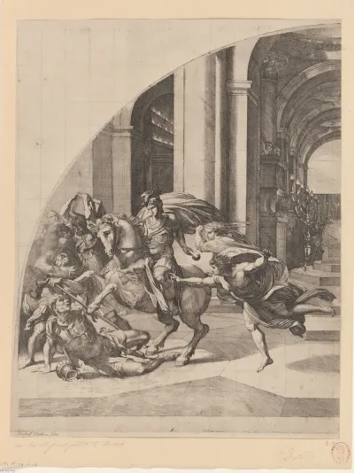 De verdrijving van Heliodorus uit de tempel (linker deel)