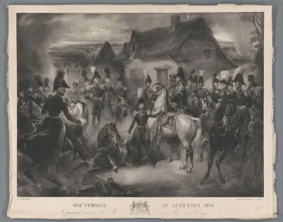 De vervanging van het gewonde paard van de prins van Oranje (de latere Koning Willem II), tijdens de slag bij Boutersem, 12 aug. 1831