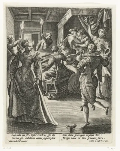 De vijf dwaze maagden dansen en musiceren